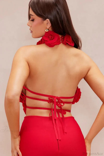 Elegant Red Floral Backless Maxi Bodycon Wedding Dress