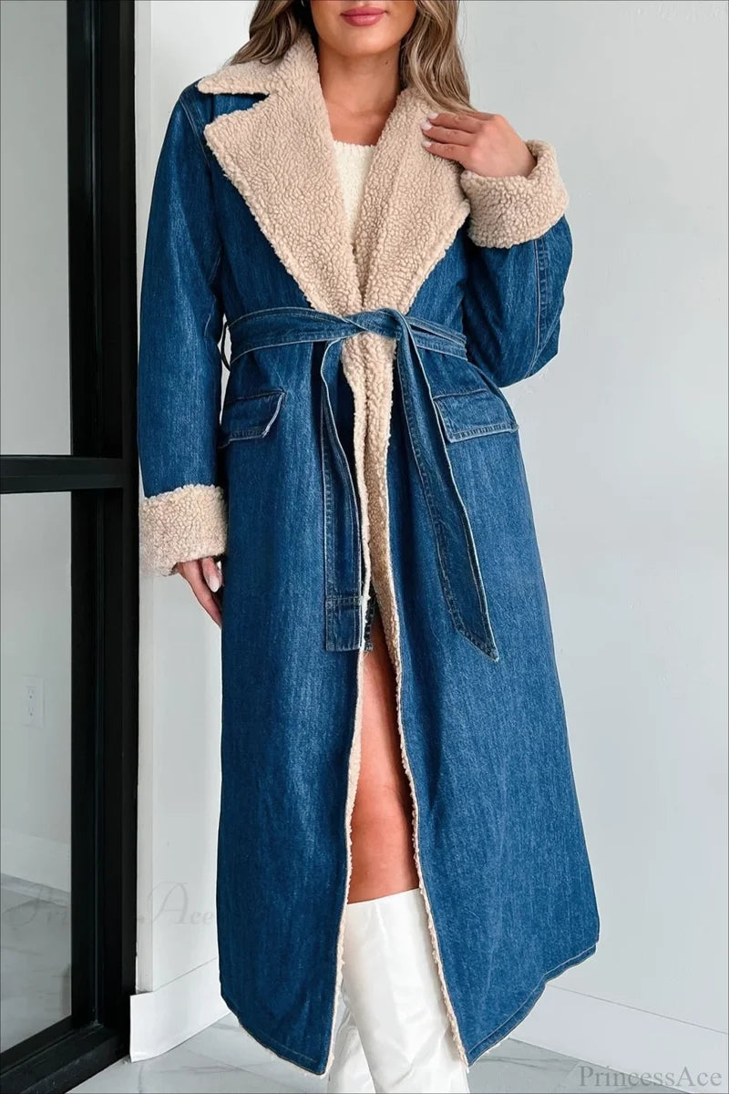Elegant Sherpa Tie Waist Dual Pockets Denim Overcoat Blue / XS
