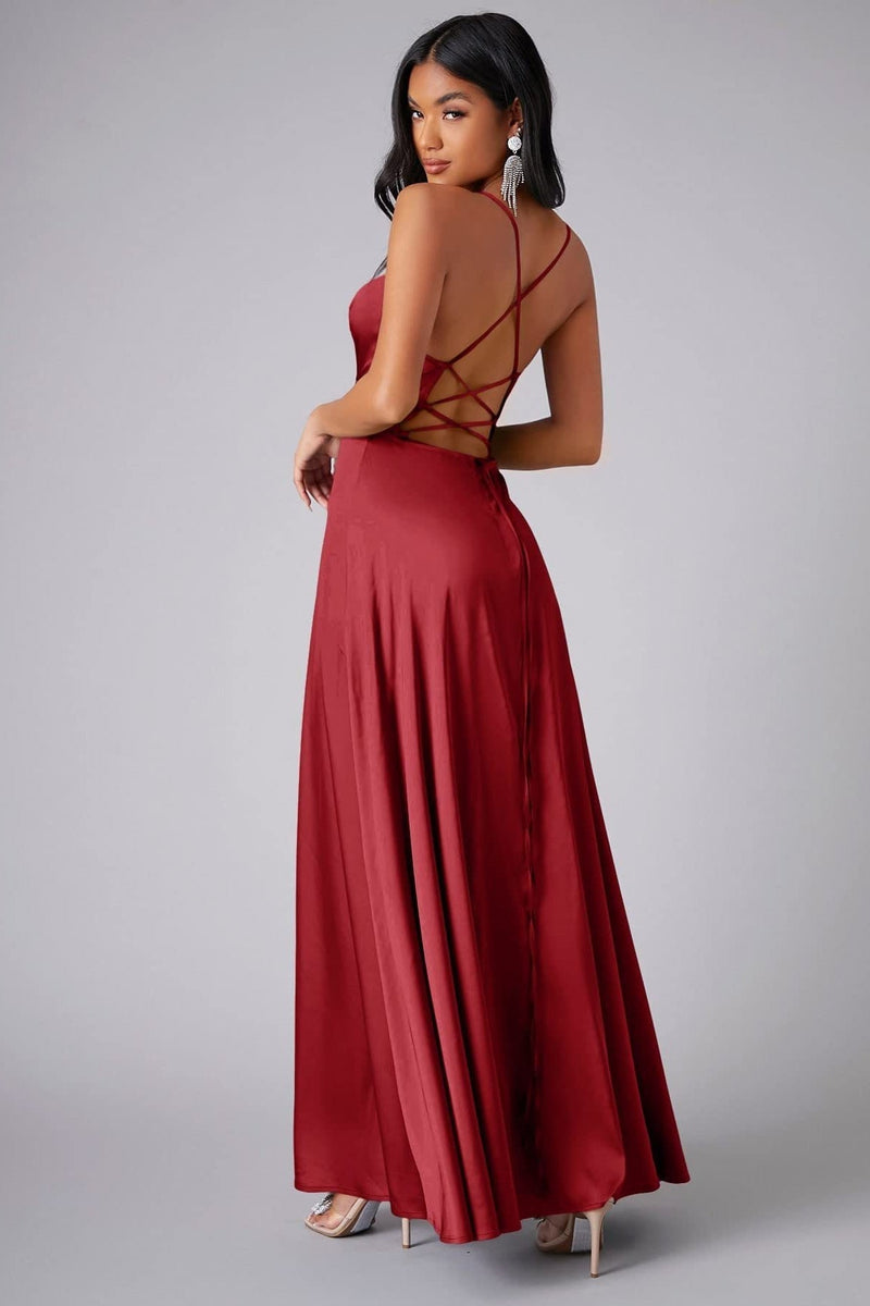 Elegant Spaghetti Strap Ruched Formal Dress S / Red