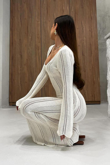 Elegant U Neck Knit Flare Sleeve Sheer Cutout Bodycon Maxi Dress