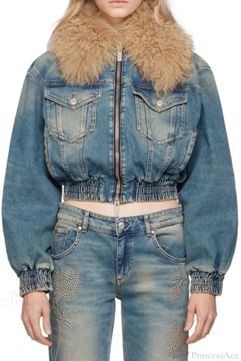 Elegant Zip Short Fur Collar Quilted Denim Jacket Blue / M