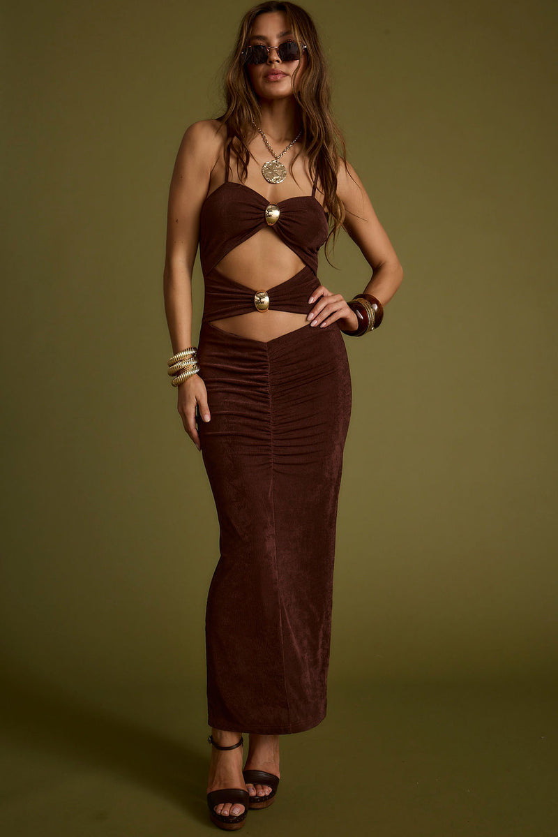 Additional view of the Elena Brown Slinky Dress from a different perspective.