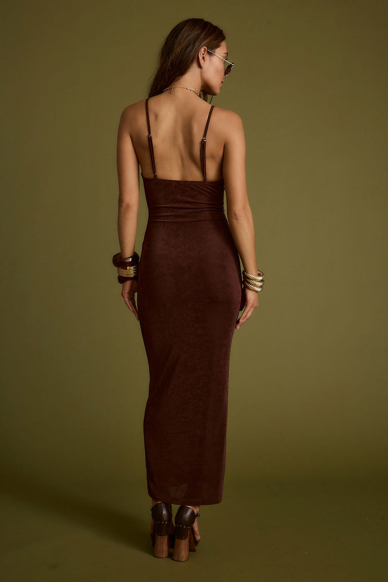 Elena Brown Slinky Dress shown in a complementary styling arrangement.