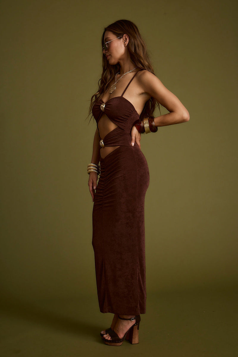 Product view of the Elena Brown Slinky Dress showcasing versatility and wearability.