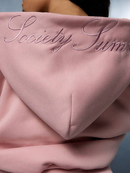 Embroidered Side Bow Zip Up Hoodie