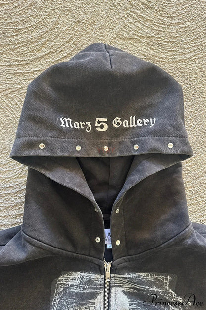 Embroidery Rhinestone Print Zip Hoodie