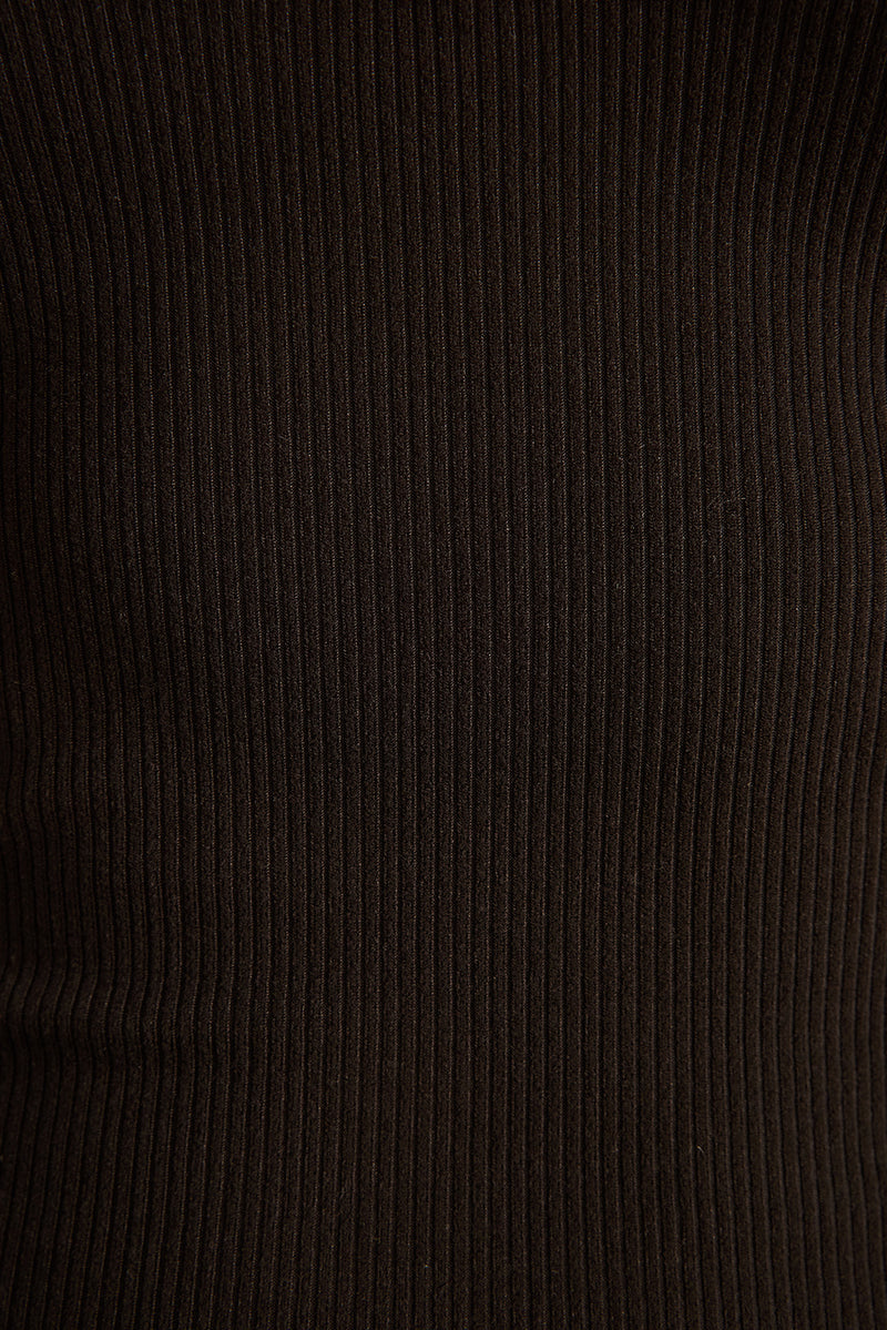 Close-up of black stretch ribbed knit fabric texture on the Emily halter top.
