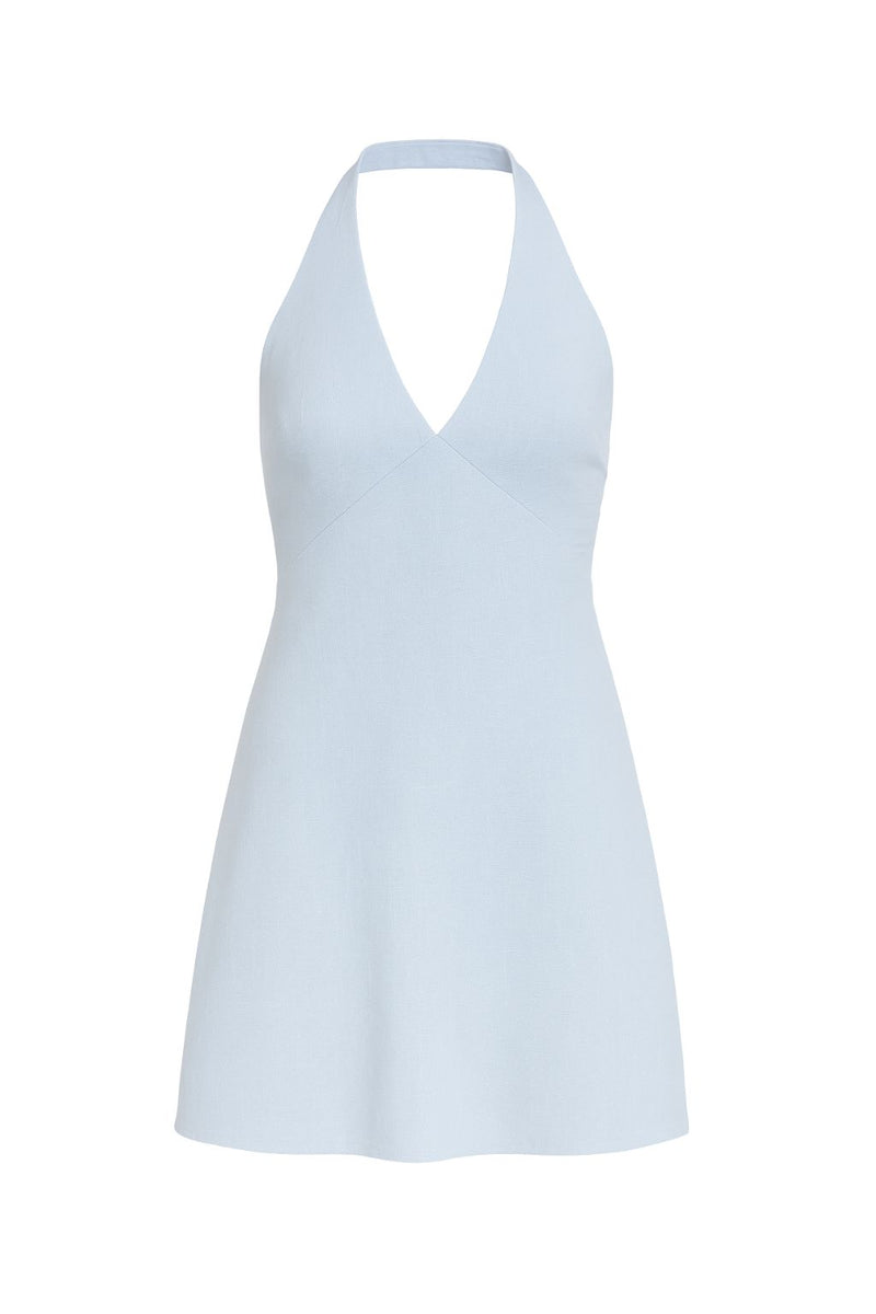Detail shot of the Emma Baby Blue Linen Mini Dress highlighting the linen elements.
