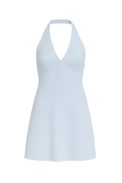 Detail shot of the Emma Baby Blue Linen Mini Dress highlighting the linen elements.