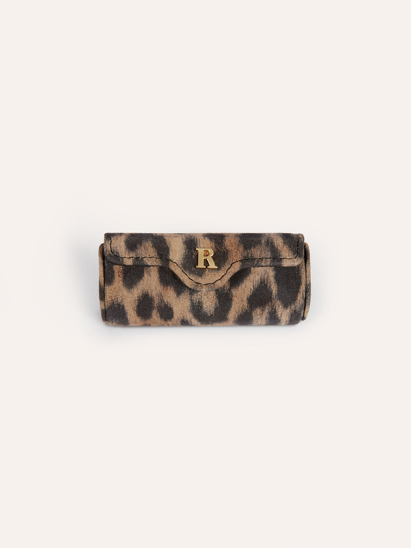 LIPS leopard print lipstick case with rose snap, front view by Rouje