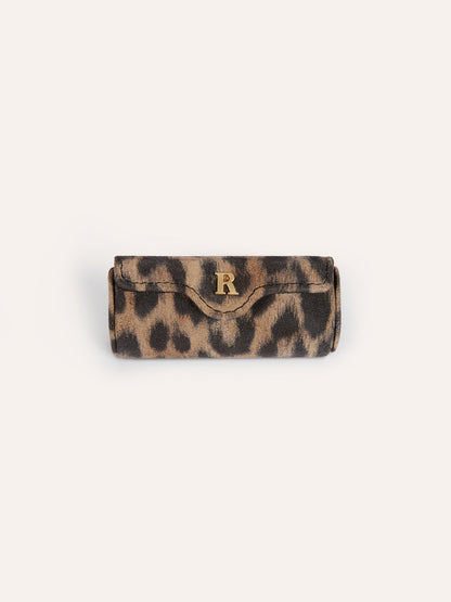 LIPS leopard print lipstick case with rose snap, front view by Rouje