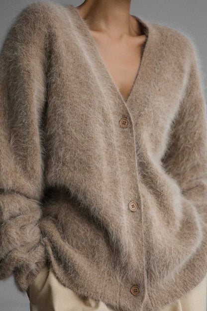 Faux Fur Blend V-Neck Cardigan S / Khaki