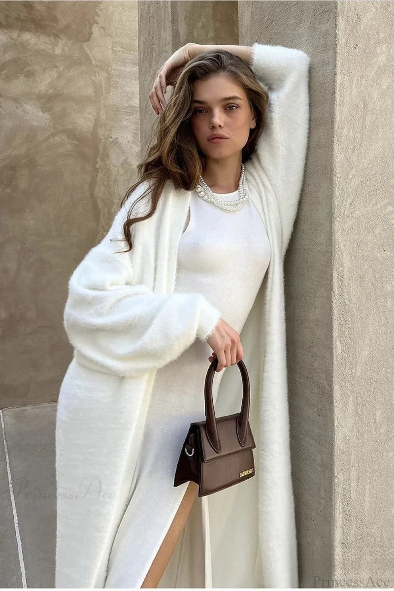 Faux Mink Fur Knit Plush Relaxed Longline Overcoat White / S