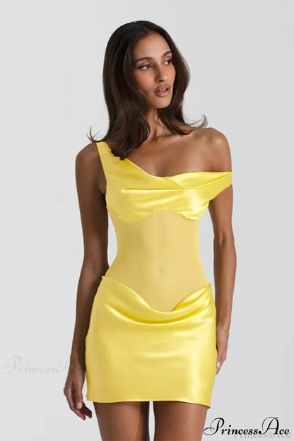 Faux Silk One-Shoulder Tulle Paneled Party Dress