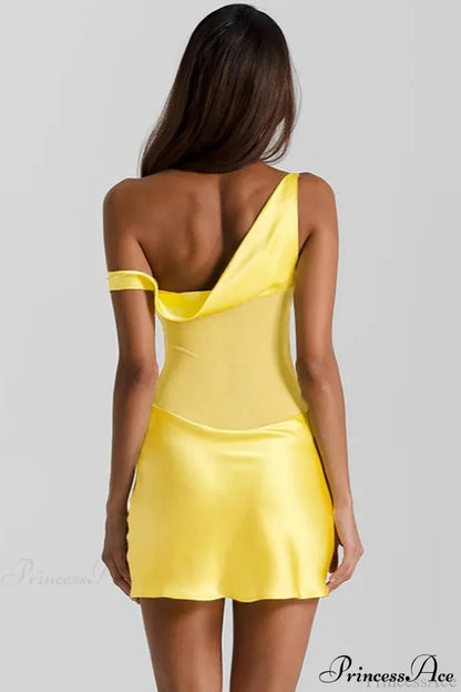 Faux Silk One-Shoulder Tulle Paneled Party Dress