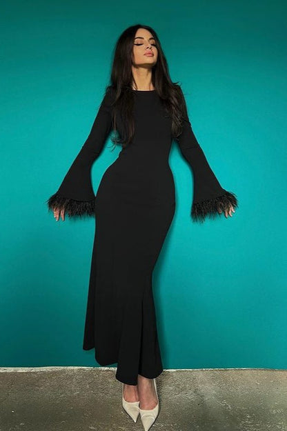 Feather Trim Bodycon Maxi Dress