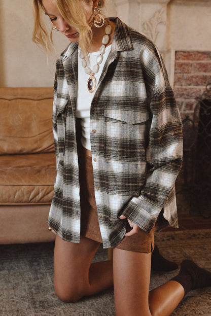 Fireside Espresso Plaid Flannel styled in a complete look from an alternate angle.