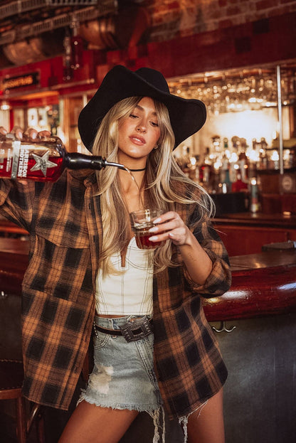 Close-up of the Fireside Mocha Plaid Flannel showcasing the fabric texture and design details.