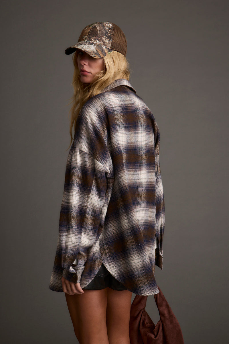 Close-up of the Fireside Navy Plaid Flannel showcasing the fabric texture and design details.