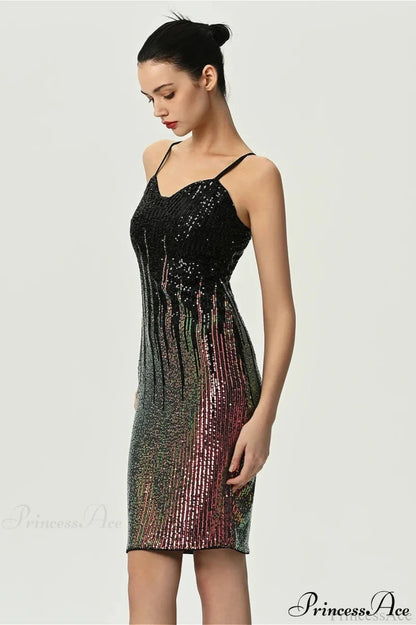 Fitted Colorful Sequin Spaghetti Strap Party Dress