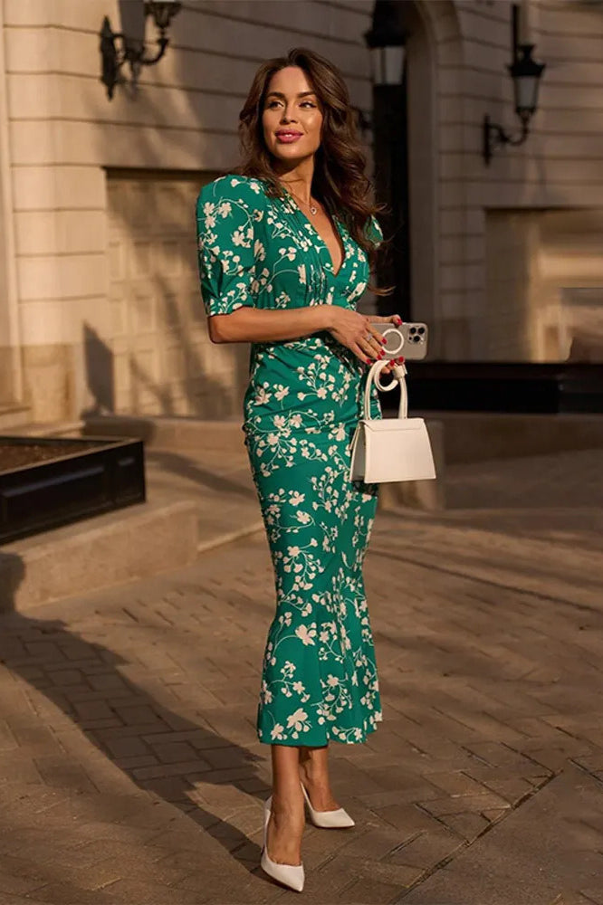 Fitted Floral Puff Sleeve Floral Dress