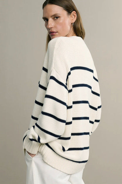 Flattering Striped V Neck Relaxed Knit Cardigan