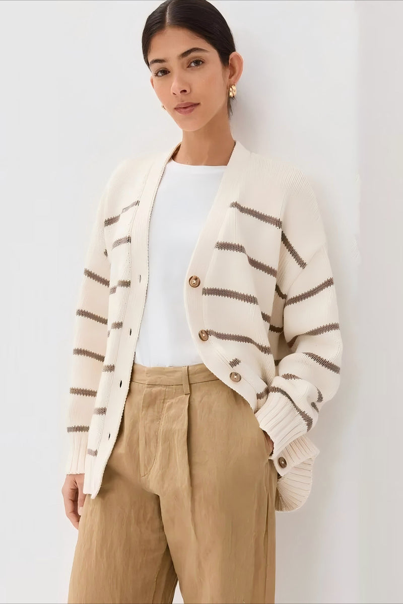 Flattering Striped V Neck Relaxed Knit Cardigan