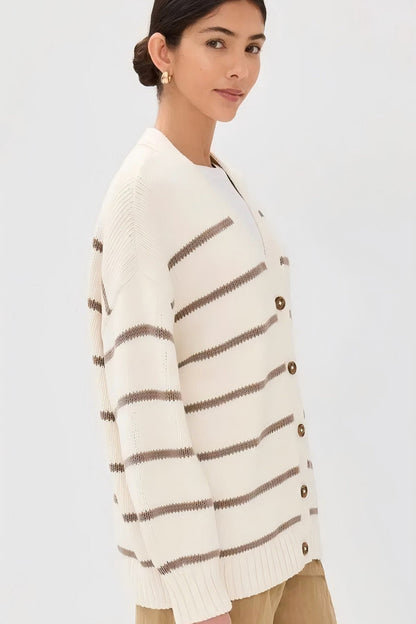 Flattering Striped V Neck Relaxed Knit Cardigan