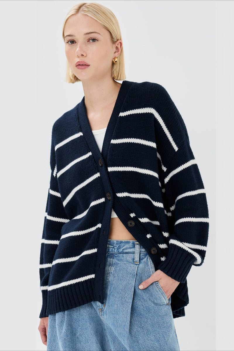 Flattering Striped V Neck Relaxed Knit Cardigan