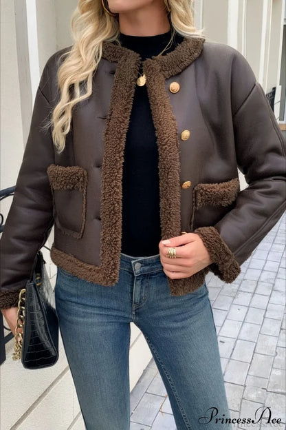 Fleece Collar Warm Fashion Casual Coat Brown / S