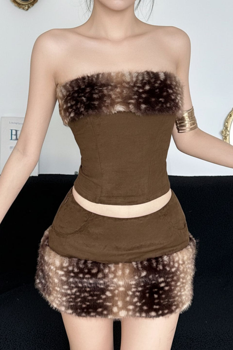 Fleece Patchwork Crop Tube Two Piece Set