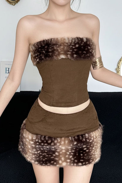 Fleece Patchwork Crop Tube Two Piece Set