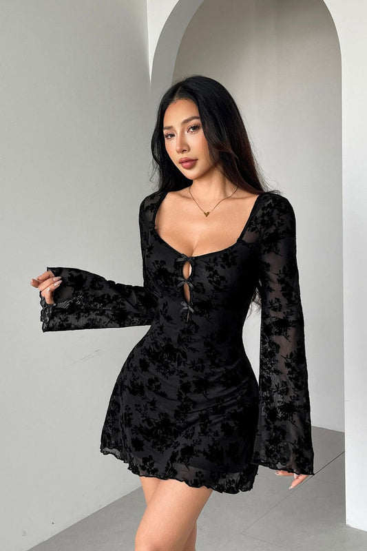 Flocked Floral Cutout Bow Long Sleeve Mini Dress