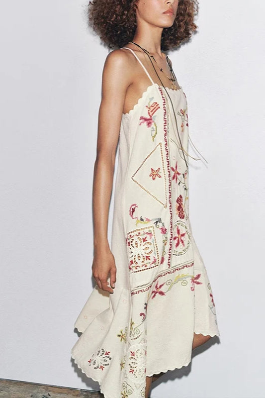 Floral Embroidered Asymmetric Boho Dress
