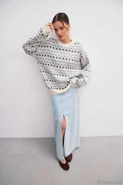 Floral Jacquard Crew Neck Knit Sweater
