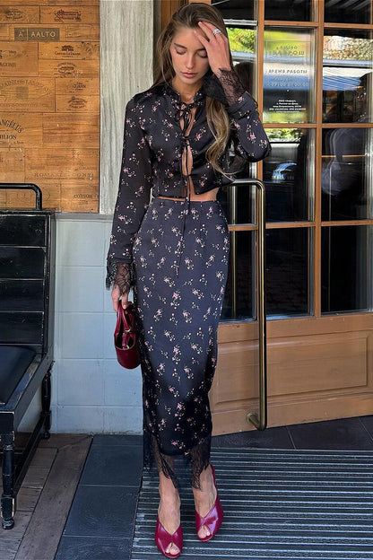 Floral Tie Waist Crop Top Split Bodycon Skirt Two Piece Set