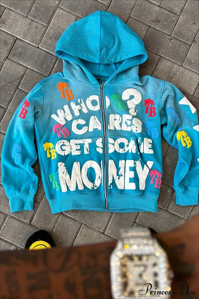 Foam Letter Print Hip-Hop Zip Hoodie Blue / XS