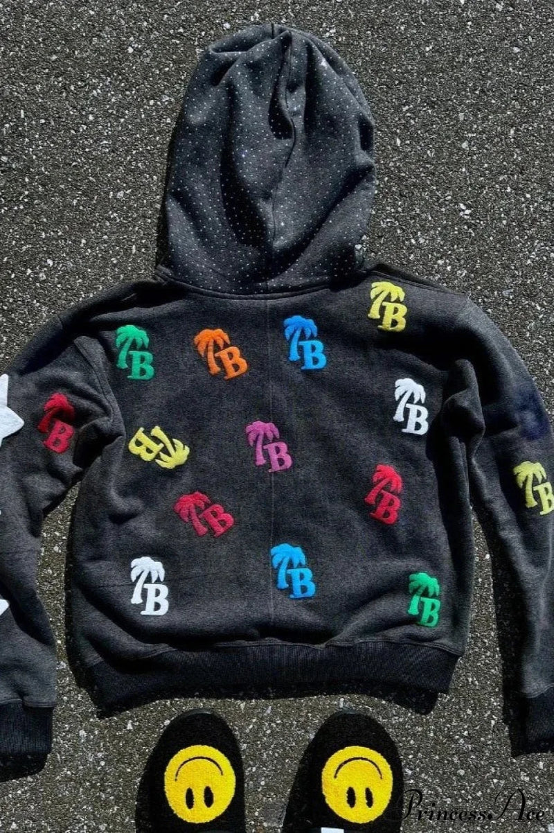 Foam Letter Print Hip-Hop Zip Hoodie