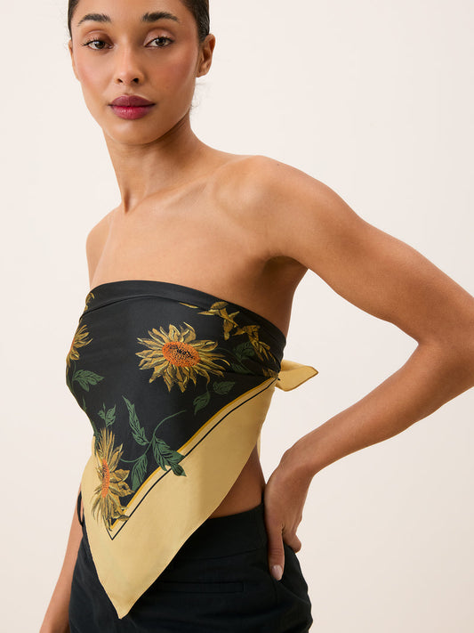 EDDY black Soleil de midi print silk scarf, front view by Rouje