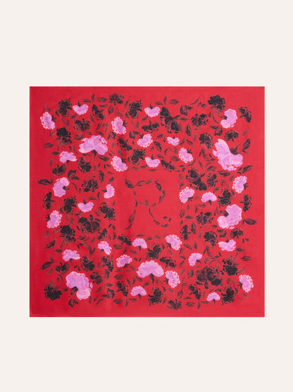 EDDY red floral flamenco print silk scarf, front view by Rouje