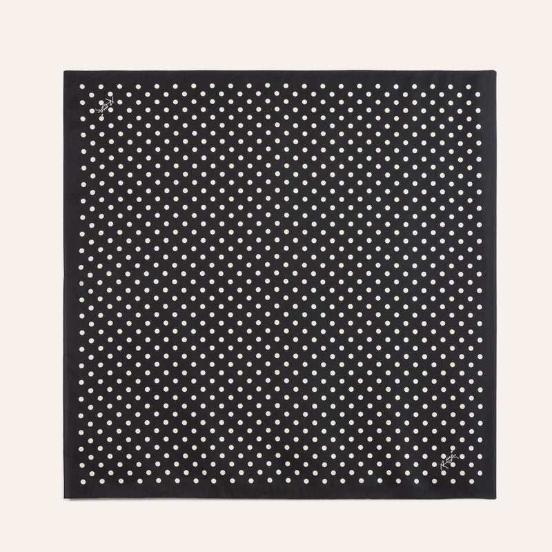 EDDY black Carmen polka-dot silk scarf worn on a model by Rouje