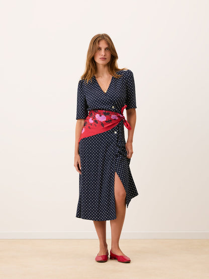 EDDY red floral silk scarf, styled view by Rouje