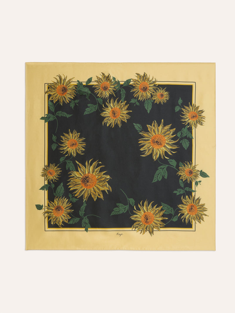 EDDY black Soleil de midi print silk scarf, flat packshot by Rouje