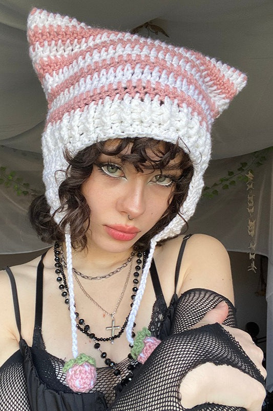 Fox Ears Color Block Striped Pom Pom Knitted Hat