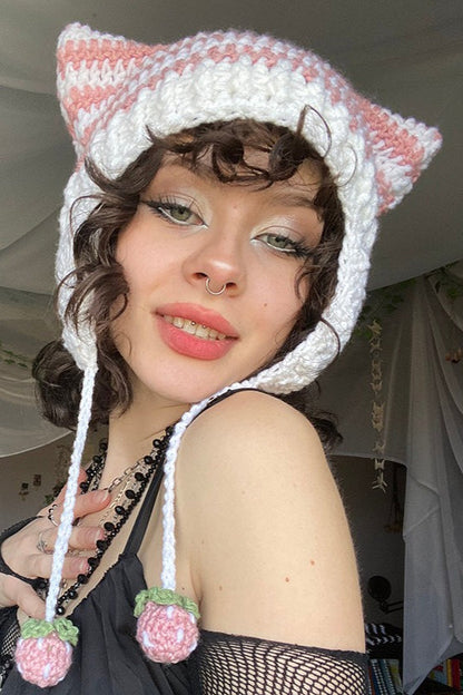Fox Ears Color Block Striped Pom Pom Knitted Hat