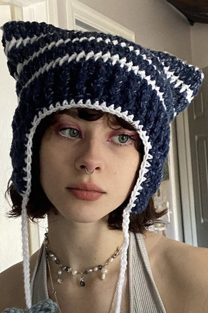 Fox Ears Color Block Striped Pom Pom Knitted Hat