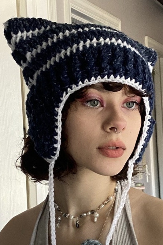 Fox Ears Color Block Striped Pom Pom Knitted Hat