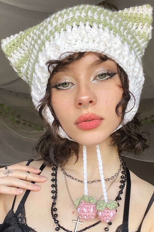 Fox Ears Color Block Striped Pom Pom Knitted Hat