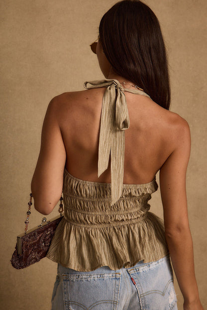 Detail shot of the Franca Olive Striped Halter Top highlighting the halter elements.