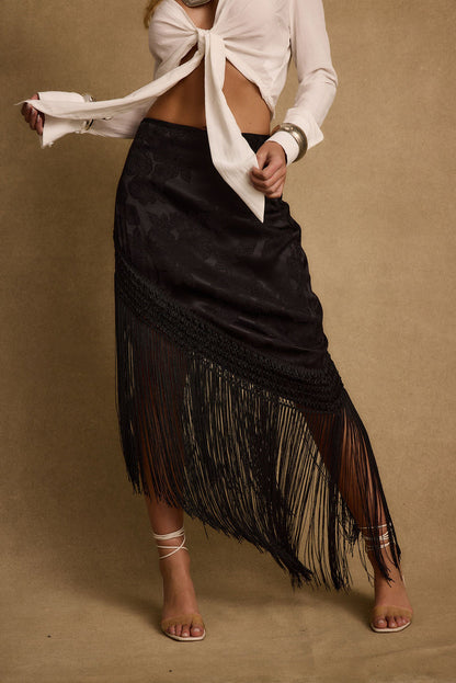 Frankie Black Satin Jacquard Fringe Midi Skirt styled in a complete look from an alternate angle.